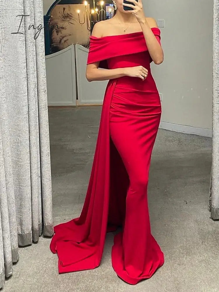 Ingvn - White Off Shoulder Stretch Evening Night Party Dress Side Trains Floor Length Slash Neck Fromal Party Gown Red Black