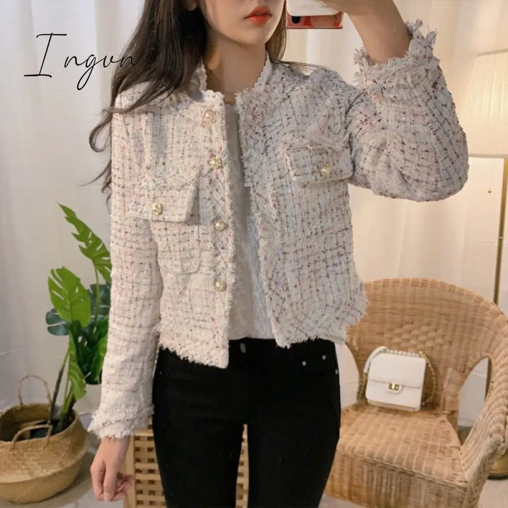 Ingvn - 2023 Trends New Autumn Women Single-Breasted Tweed Jacket High Quality Female Elegant Korean Chic Short Coat
