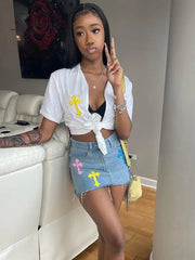 Ingvn - Womens Fashion Denim Skirt Pattern Emboridery Tassel Pocket Zipper Straight Hot Women Bottoms Holiday Vocation Casual Wear Y2k Clothes