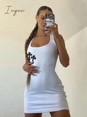 Ingvn - Cross Print White Sexy Dress For Women Summer Sleeveless Square Collar Tank Mini Dress Casual Party Y2K Bodycon Dresses