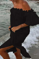 Ingvn - Sexy Solid Slit Fold Off the Shoulder Beach Dresses