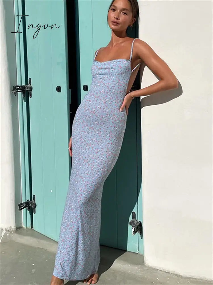 Ingvn - Summer Bodycon Spaghetti Strap Elegant Woman Maxi Dress Vintage Print Party Sexy Women's Dresses