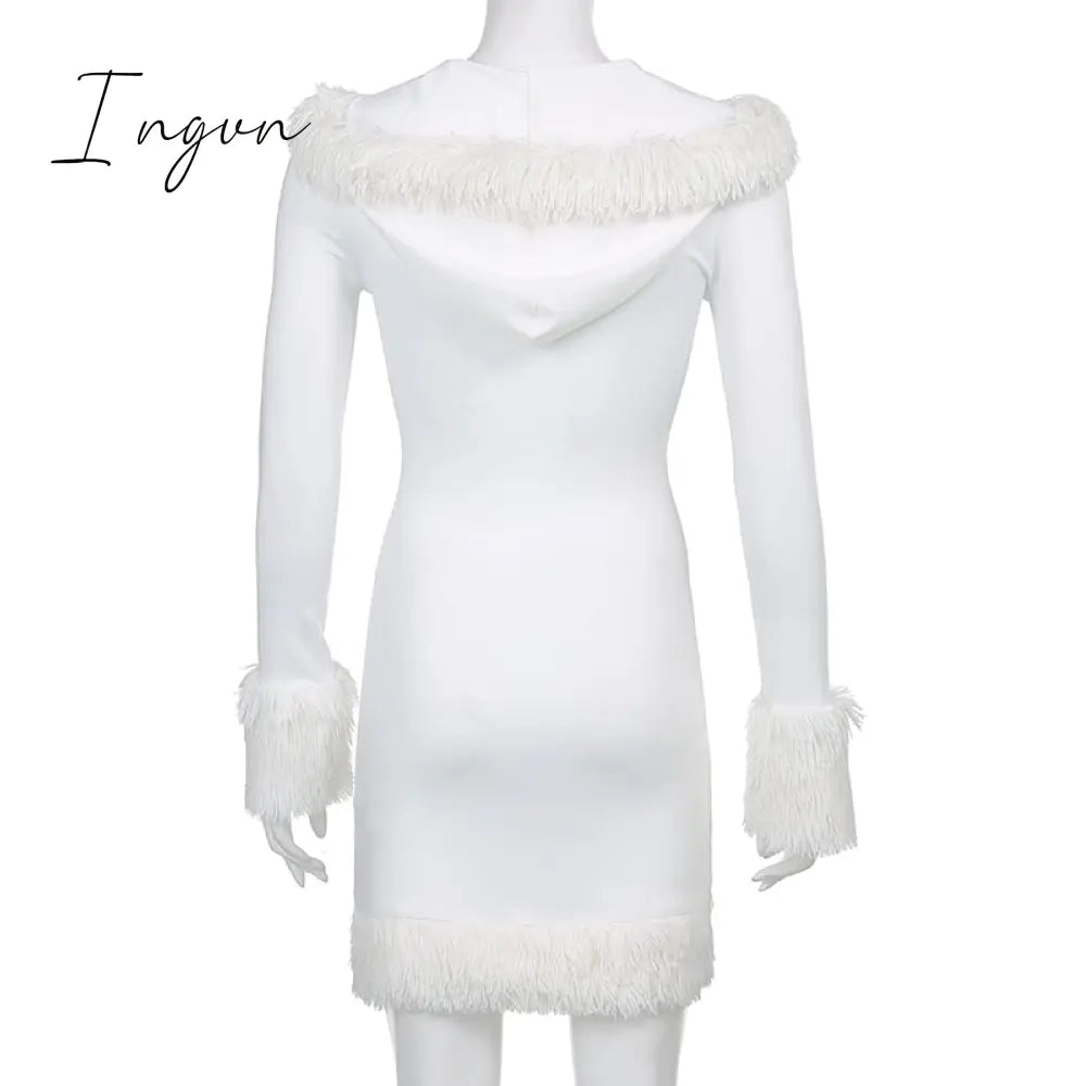 Ingvn - Furry Long Sleeve Hooded Bodycon Mini Dresses Women White V Neck Fuzzy Dress Skinny Christmas Party Streetwear Winter