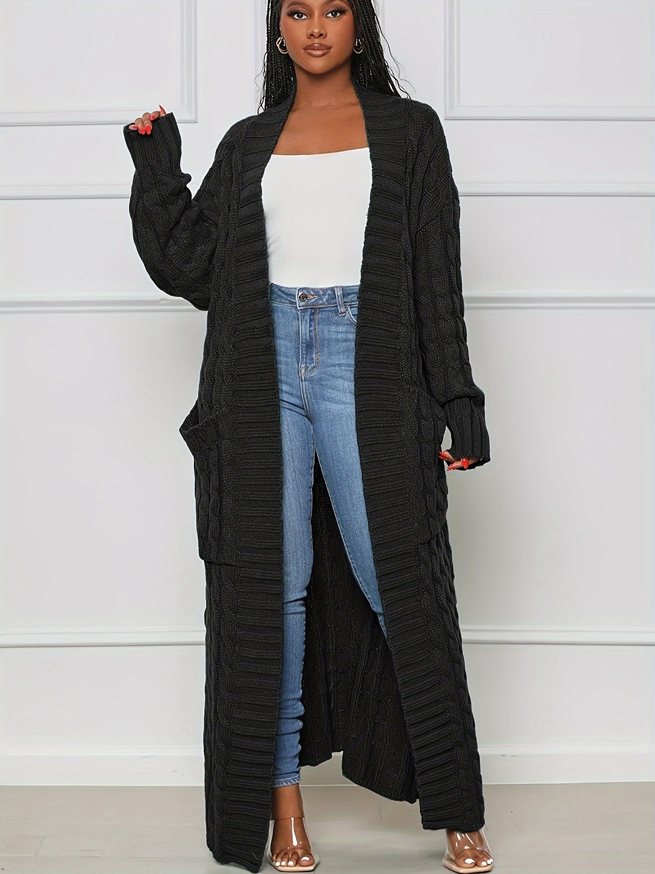 Elegant Long Sleeve Halter Neck Cardigan – Winter-Warm Knit Sweater with Pockets for Women, Durable & Easy Care
