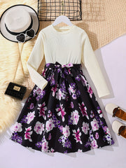 Adorable Floral Belted Dress for Girls - Long Sleeves, Round Neck, Splicing Design, Party-Perfect, Spring Collection, Kids' Clothing