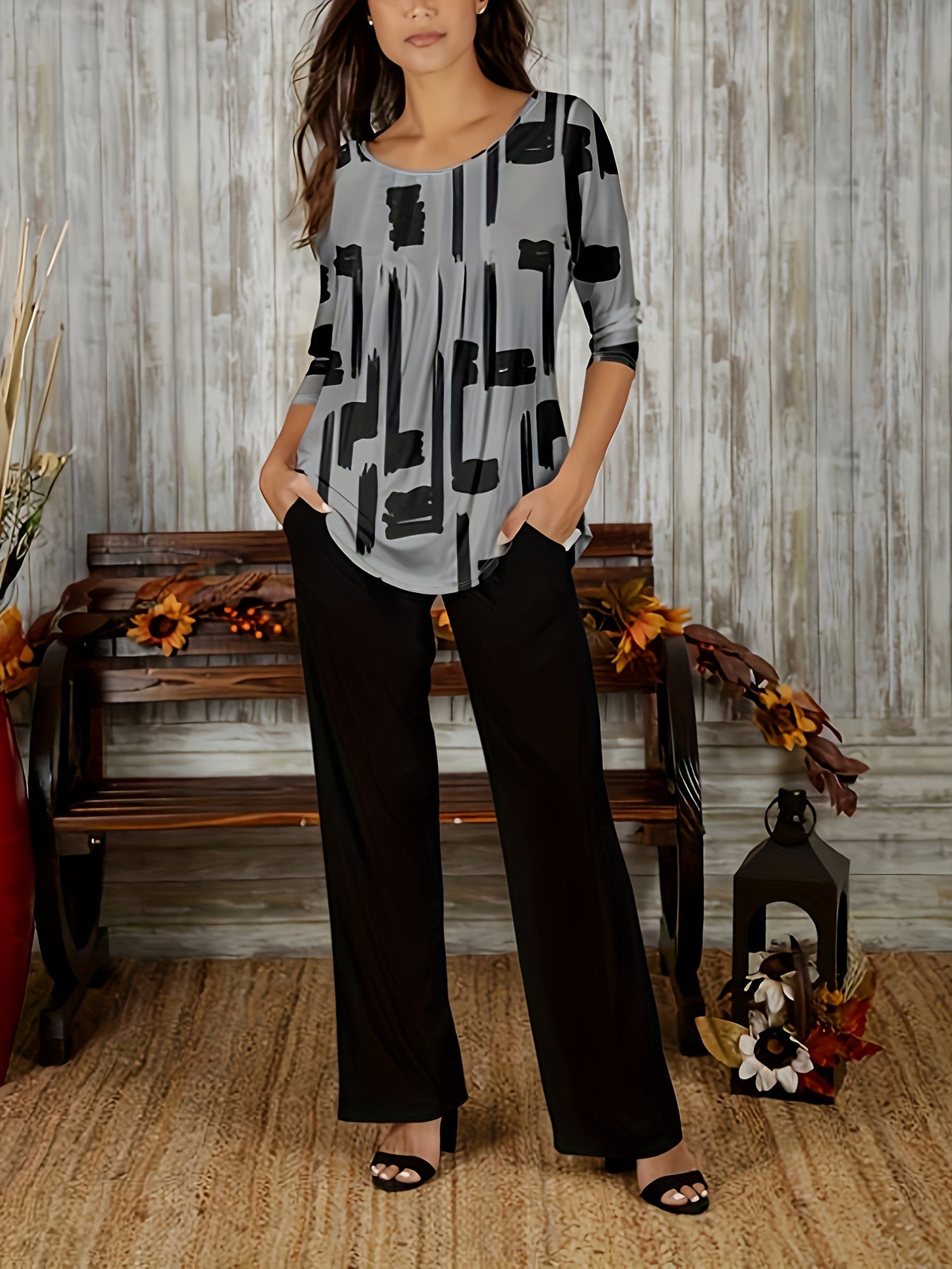 Plus Size Casual Outfits Two Piece Set, Women's Plus Brush Print Long Sleeve Round Neck Top & Pants Outfits 2 Piece Set