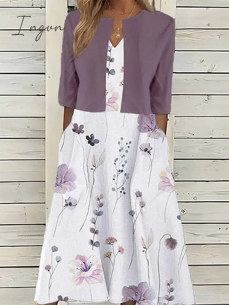 Ingvn - Women's Two Piece Dress Set Casual Dress Print Dress Outdoor Daily Fashion Elegant Pocket Print Midi Dress V Neck Half Sleeve Floral Regular Fit Pink Blue Purple Summer Spring S M L XL XXL