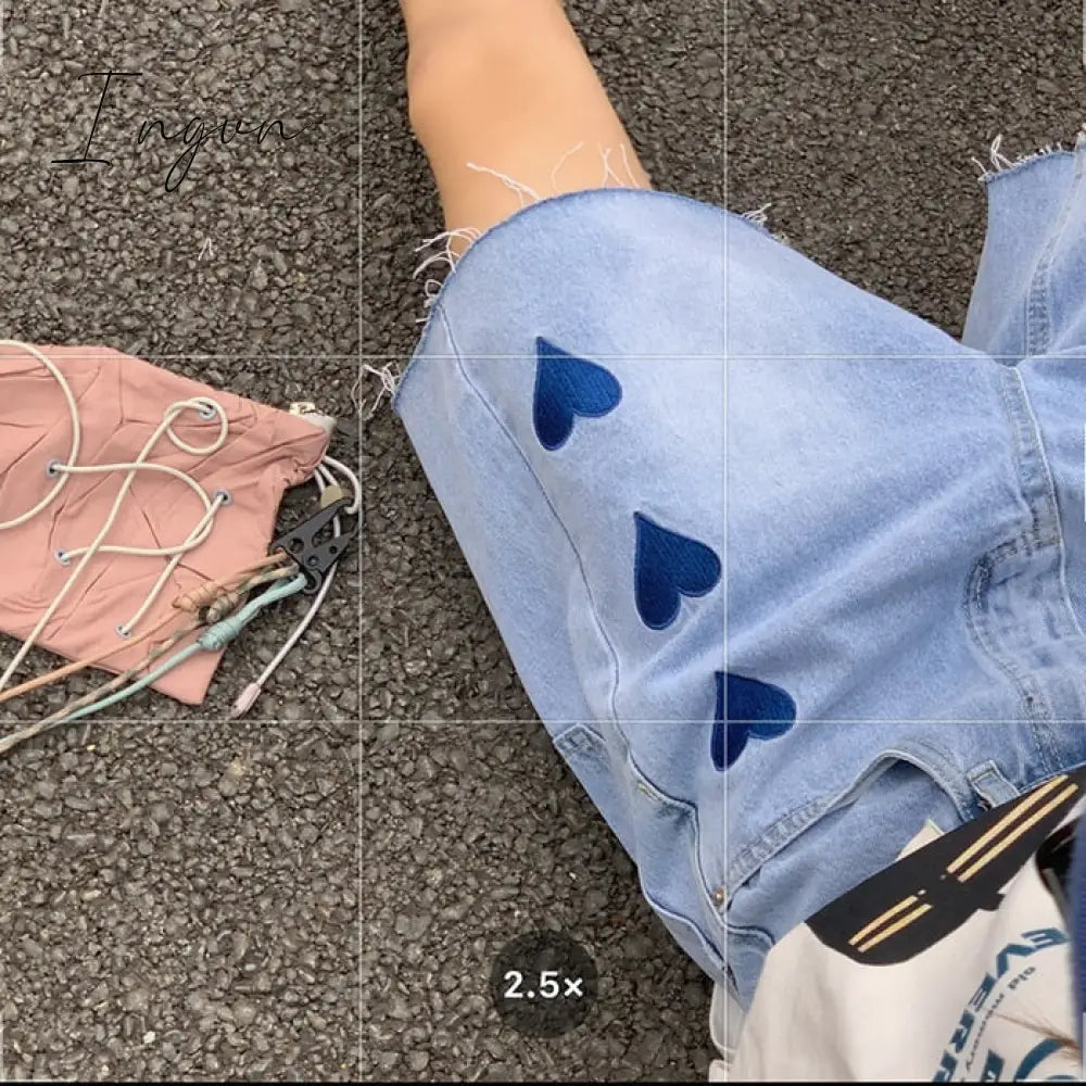 Ingvn - Women's Short Summer High Waist Jeans Baggy Straight Five Points Trousers Streetwear Vintage Mom Denim Wide Leg Short Pants