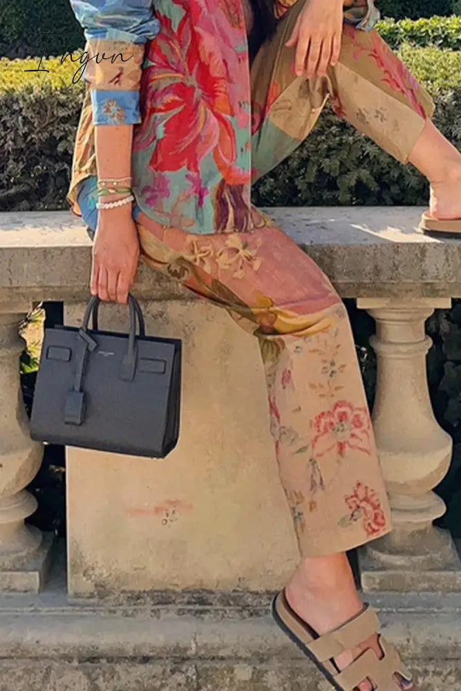 Ingvn - Casual Print Contrast Loose High Waist Wide Leg Patchwork Bottoms