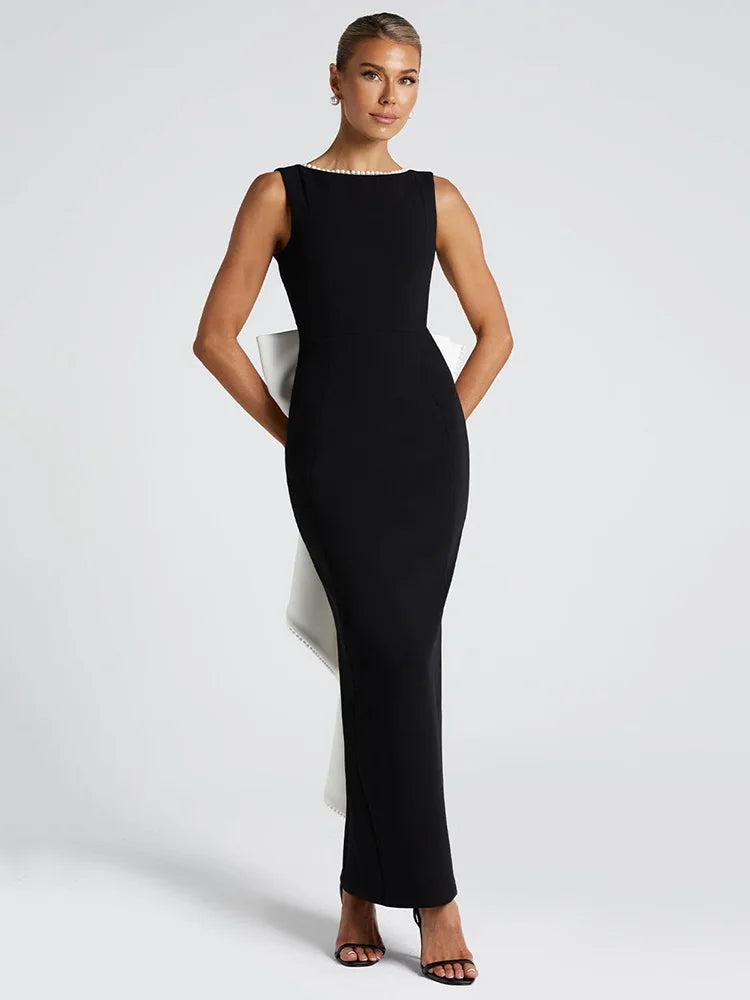 Elegant Pearl Bow Backless Sexy Maxi Dress Women Gown Fashion Sleeveless High Waist A-line Club Party Long Dress