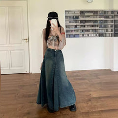 Spring and Summer New Sweet Cool Retro Old Denim Skirt Women's High Waist A- line Large Skirt Long Skirt Hip Skirt