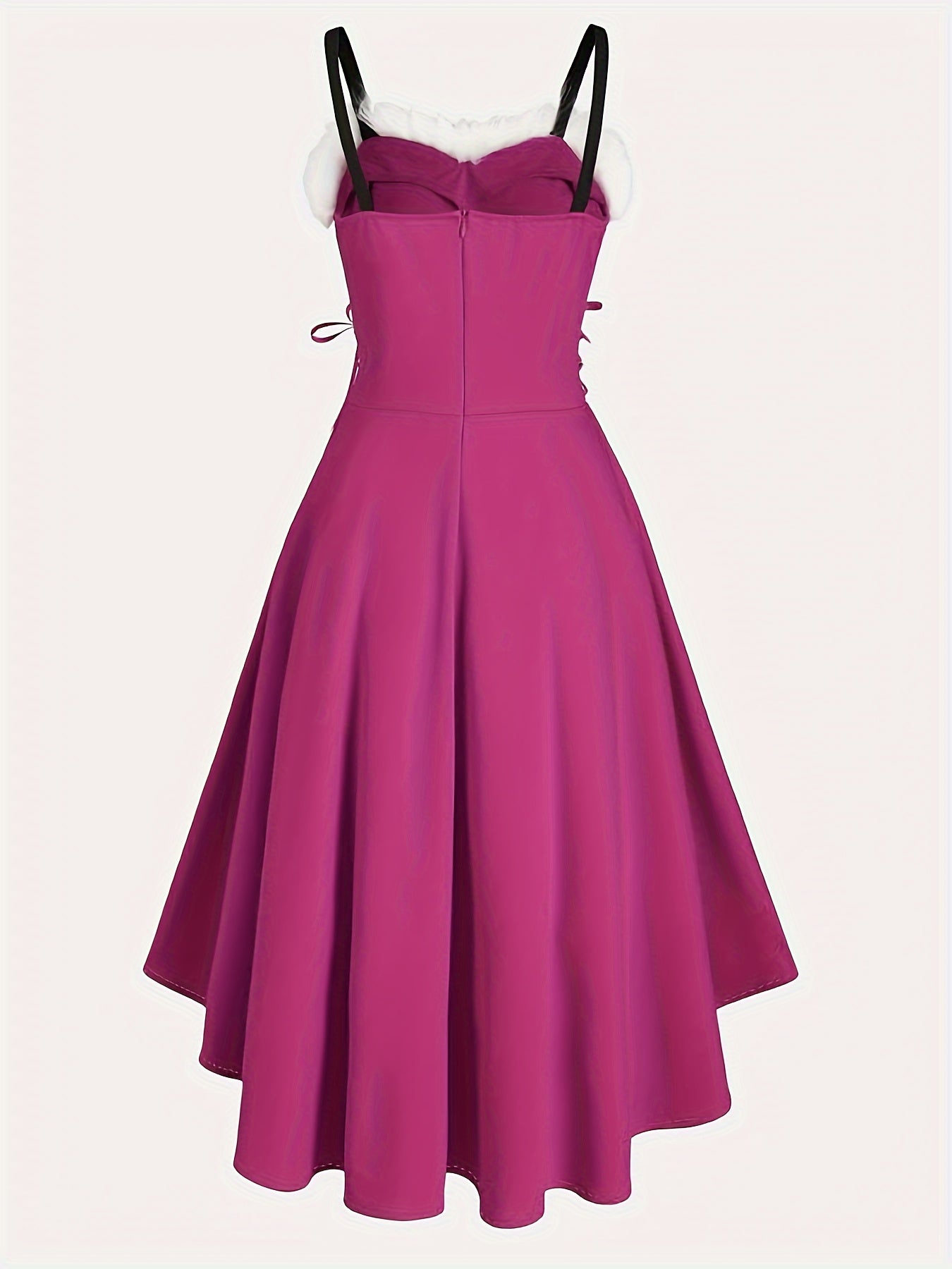 Vintage-Inspired Faux Fur Aline Swing Tank Dress - Contrast Trim, Asymmetrical Hem, Cross Tie Detail, Christmas Party Dress - Women's Clothing, Holiday Season Fashion