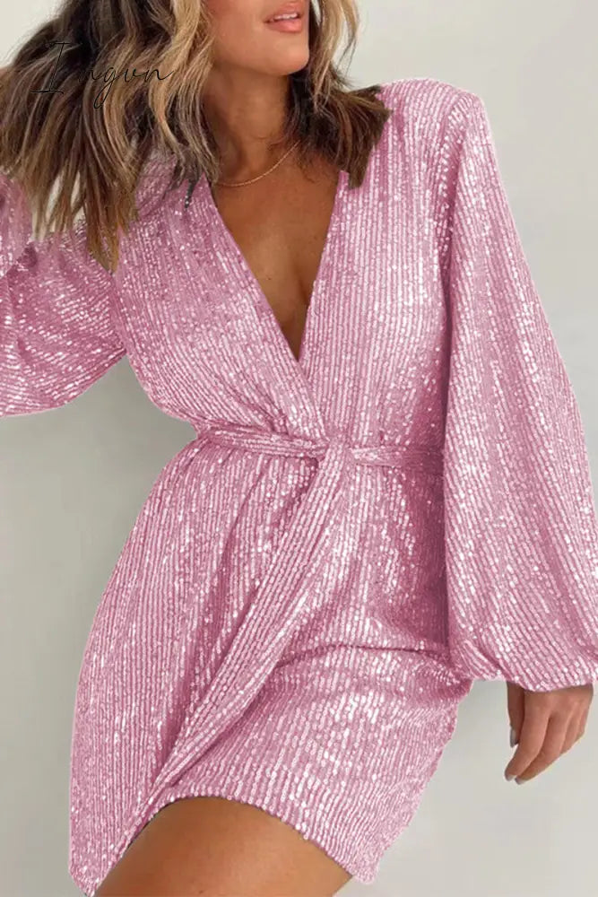 Ingvn- Solid Bandage Sequins V Neck Loose Rompers