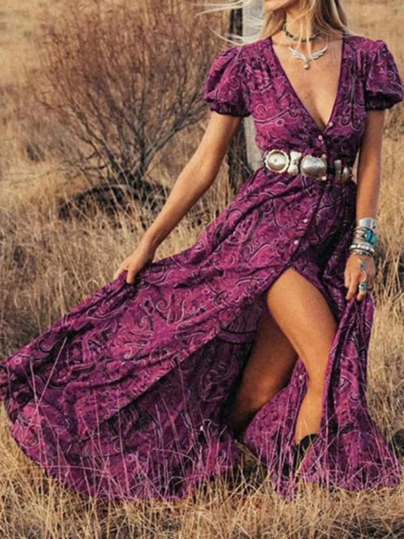 Full Size Printed Puff Sleeve Maxi Dress Plus Size