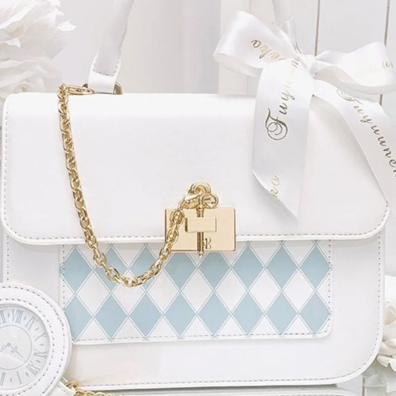 INGVN  Cute Lolita Party Itabag Summer Kawaii Japanese Sweet Bow-knot Handbags for Women White PU Leather Messenger Bag