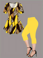 Leopard Print Casual Leggings Set, Crew Neck Short Sleeve Top & Solid Color Leggings Outfits For Spring & Summer, Women's Clothing
