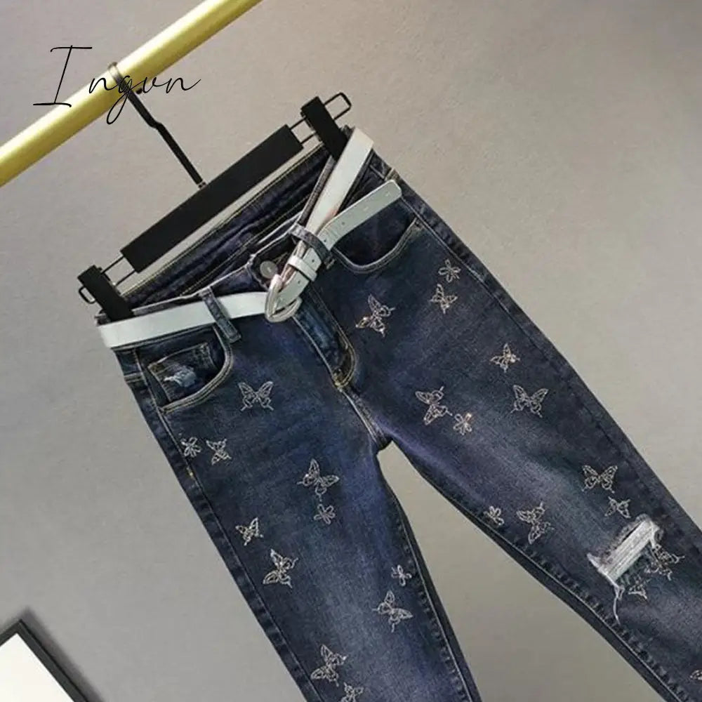 Ingvn - Hot Sales High Waist Jeans Women Beading Butterfly Fashion Ripped Jeans Casual Plus size Stretch Jeans Female Washed Denim Pencil Pants