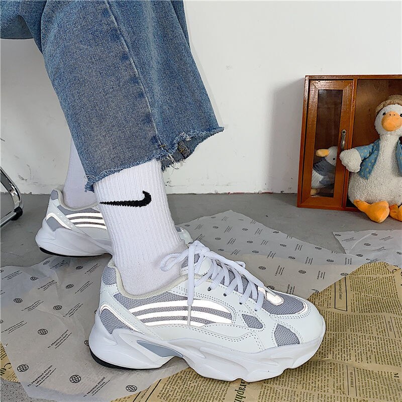 Pphmm Women Sneakers 41 Platform Chunky Fashion Casual Shoes 42 Reflective Comfortable Thick Sole Ladies White Flats Vulcanize Shoes