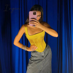 Ingvn - Tube Tank Top Girls Satin Corset Crop Tops Women Green Y2K Sleeveless Tee Black Backless Club Cami Summer Sexy Party