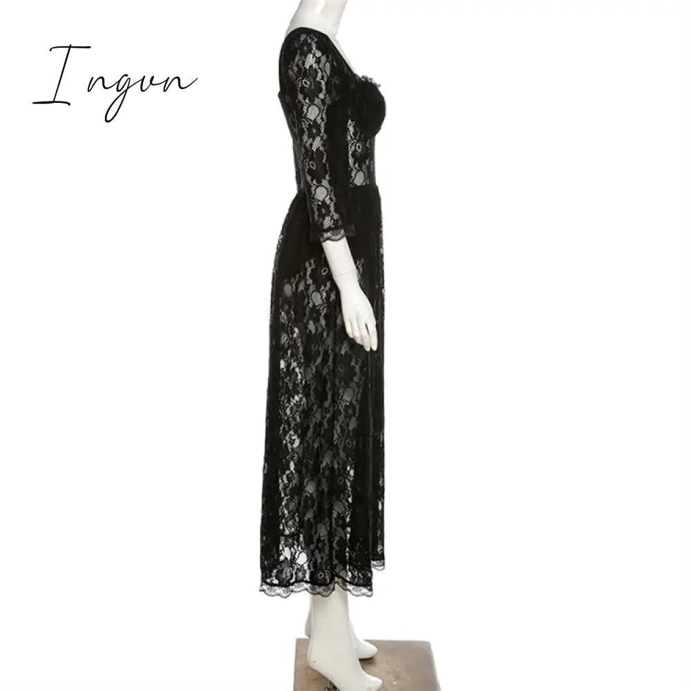 Ingvn - Summer Sexy Party Split Lace Bodycon Woman Maxi Dress Club Square Collar Black Elegant Women's Dresses