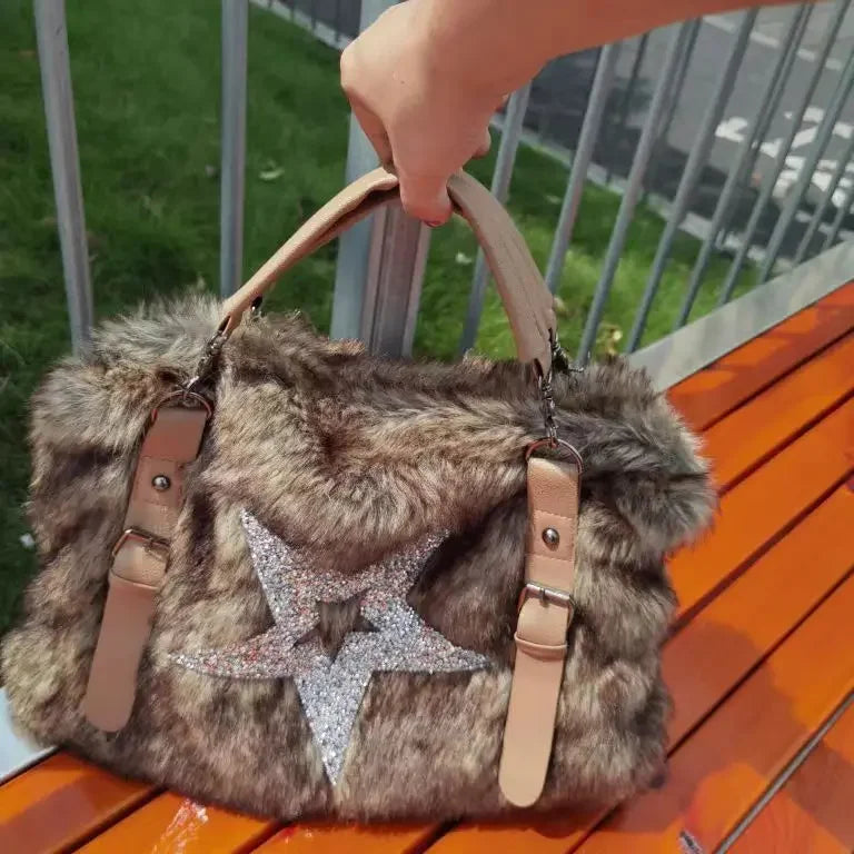 Ingvn  Y2k Gothic Womens Tote Bag Fluffy Harajuku Fashion Chains Patchwork Winter Shoulder Bag Vintage New Large Capacity Handbag