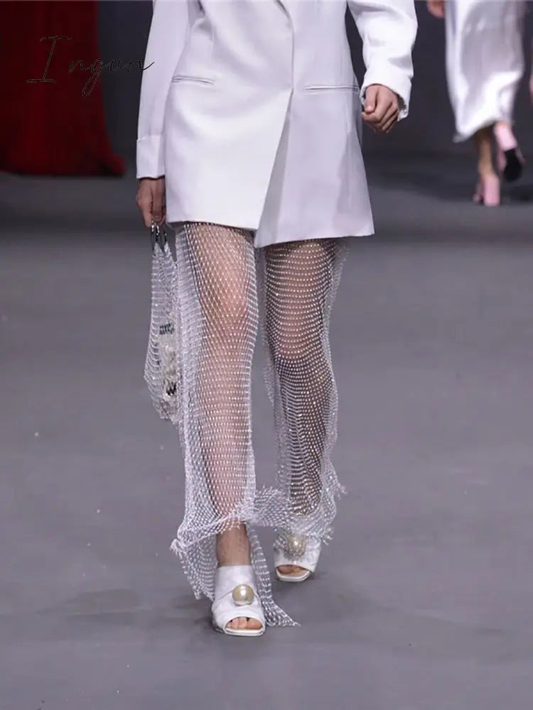 Ingvn - New Crystal Diamond Shiny Women Pants Summer Sexy Hollow Out Elastic Fishnet Trousers Fashion See Through Beachwear