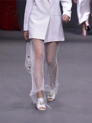 Ingvn - New Crystal Diamond Shiny Women Pants Summer Sexy Hollow Out Elastic Fishnet Trousers Fashion See Through Beachwear