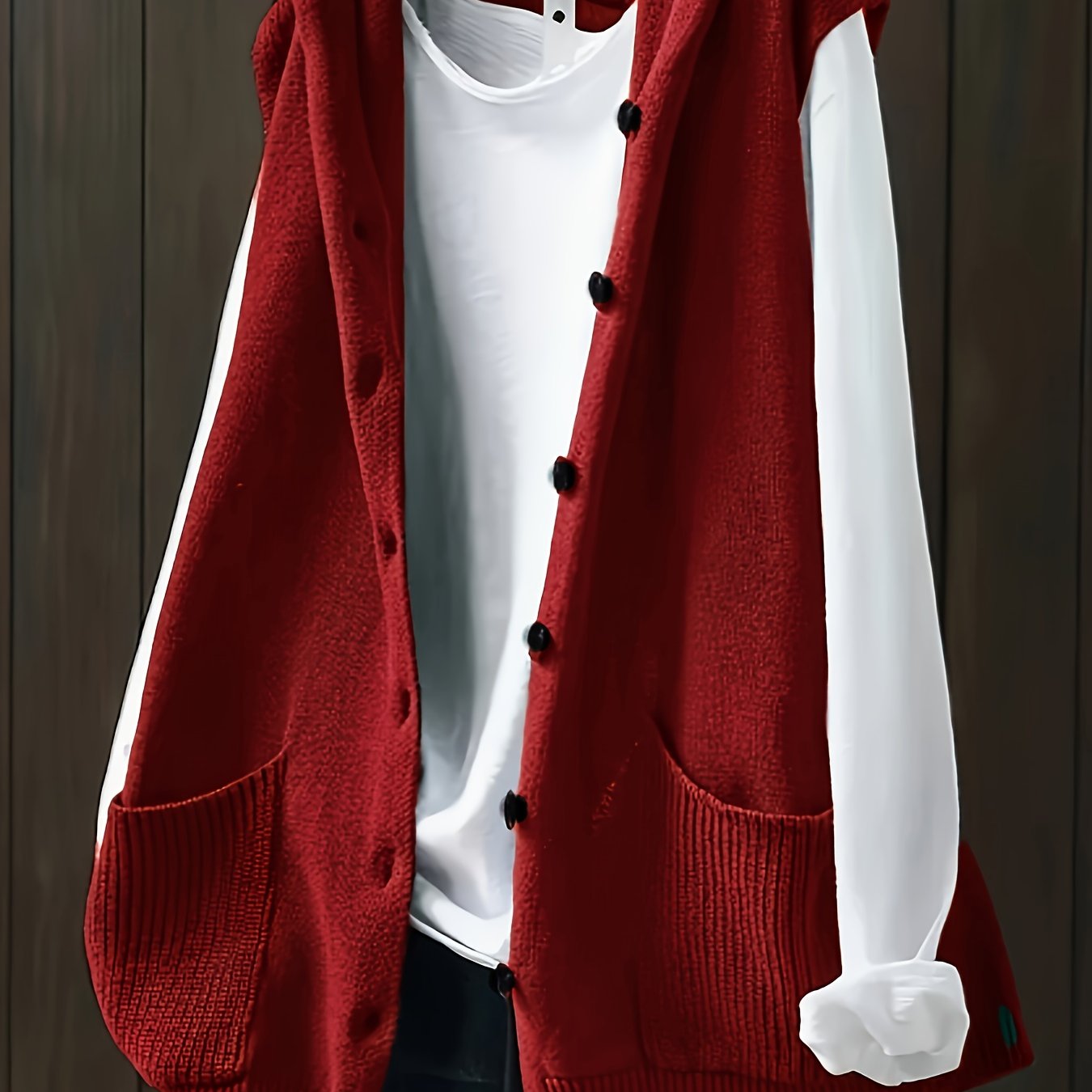 Women's Plus Size Solid Button Front Sleeveless Knitted Hooded Cardigan with Pockets, Casual Plus Size Clothing