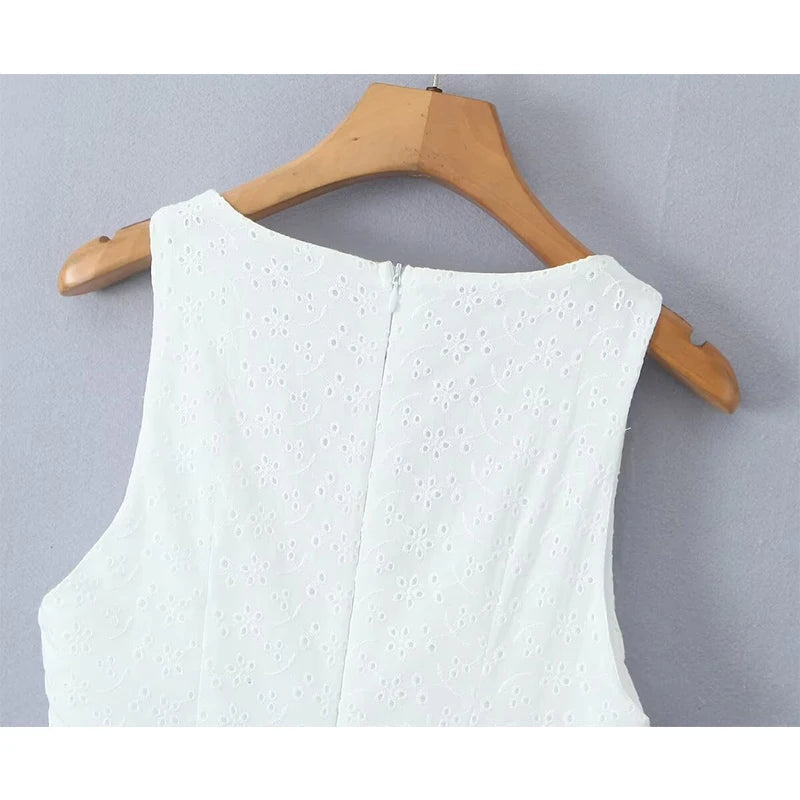 New Women Hollow Out Embroidery White Tank Dress Sleeveless V Neck Low Waist A-line Mini Dresses Summer Cotton Robe