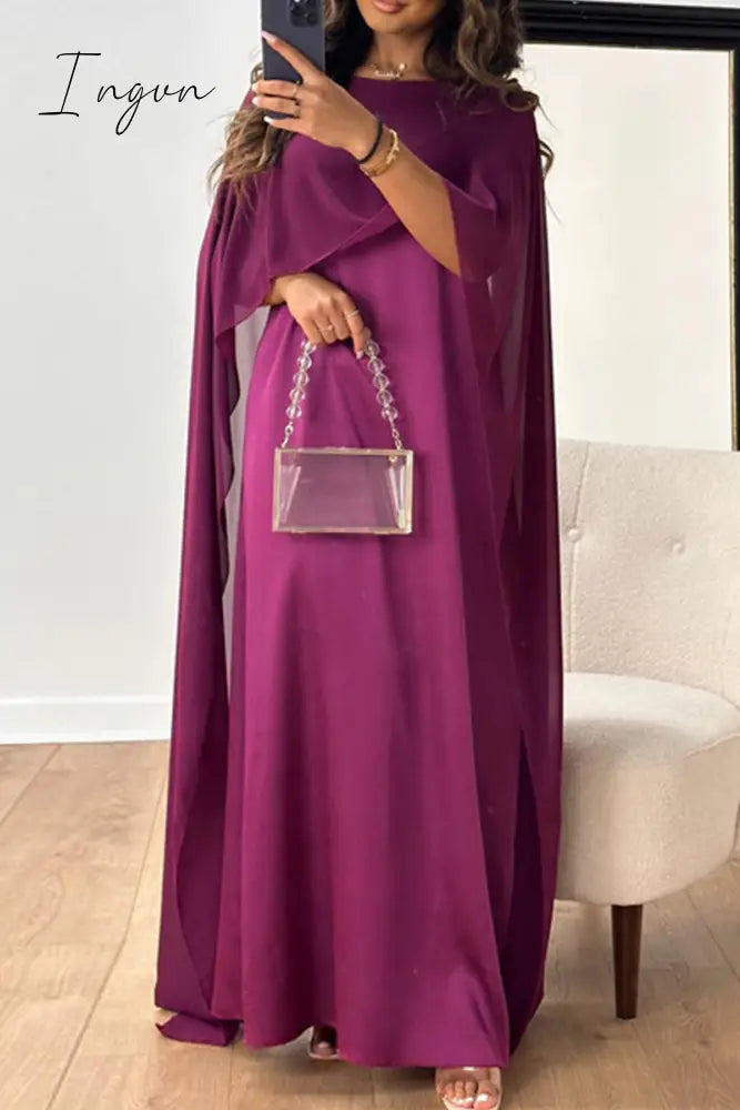 Ingvn - Elegant Solid Patchwork Zipper O Neck Long Dress Dresses