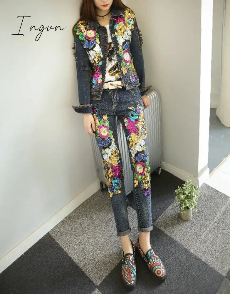 Ingvn - European Style Denim Suit Fashion Outfit Women New Flower Sequined Denim Jacket Short Jacket &amp; Jeans Pants Two-Piece Set Female