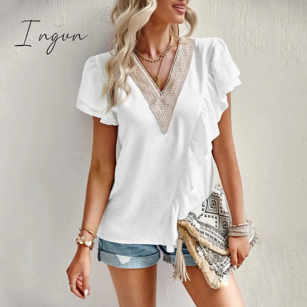 Ingvn - Short sleeved shirt for women's summer 2023 temperament commuting V-neck ruffle top
