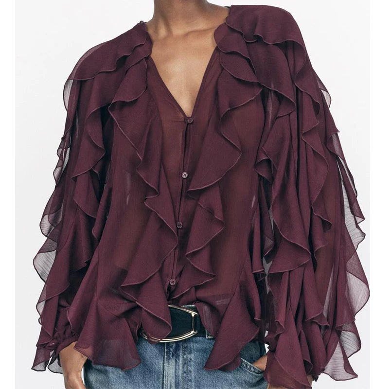 New Women Sexy Semi-sheer Ruffle Shirt Long Sleeve V Neck Front Button Spring Blouse Burgundy Blusas Mujer
