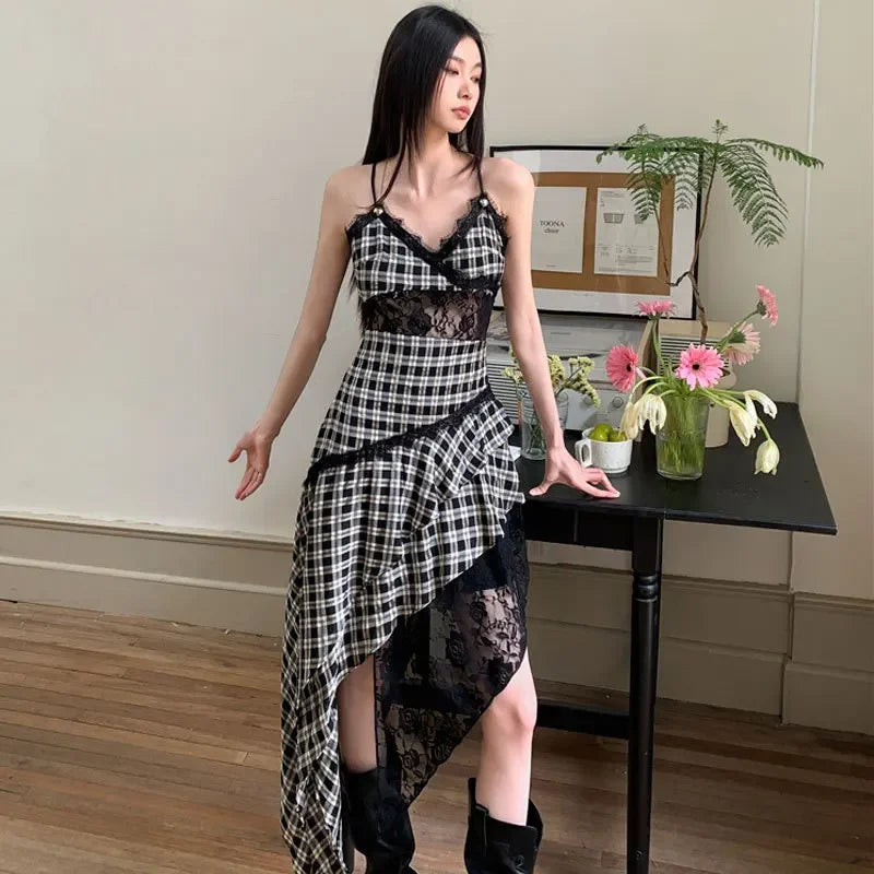 Black And White Plaid Women's Dress Lace Splicing Irregular Hem Slimming Strap Long Dress Design Sense Niche Sleeveless