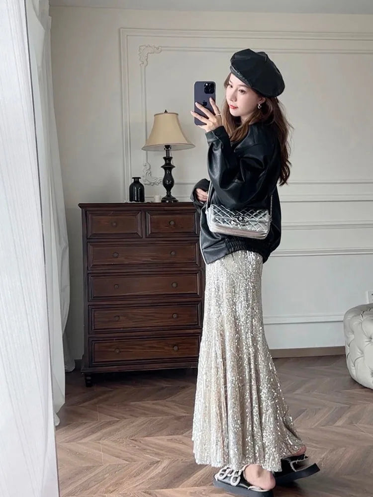 Silver Sequin A-line Fishtail Skirt Vintage Skirts for Woman Long Dress Korean Fashion Y2k Clothing Faldas Para Mujeres