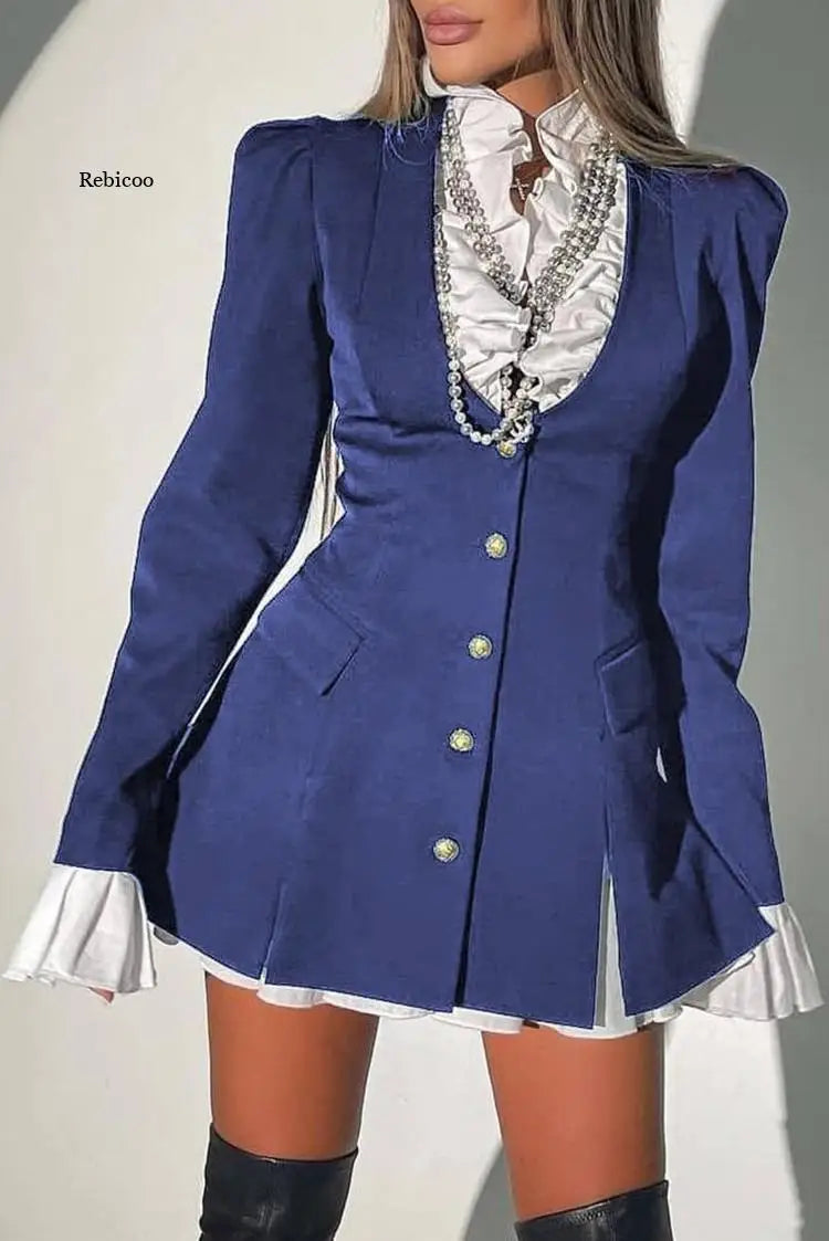 Elegant Blazer Dress Autumn Women Single Breasted Patchwork 2 Piece Set A Line Party Ol Shirt Dress