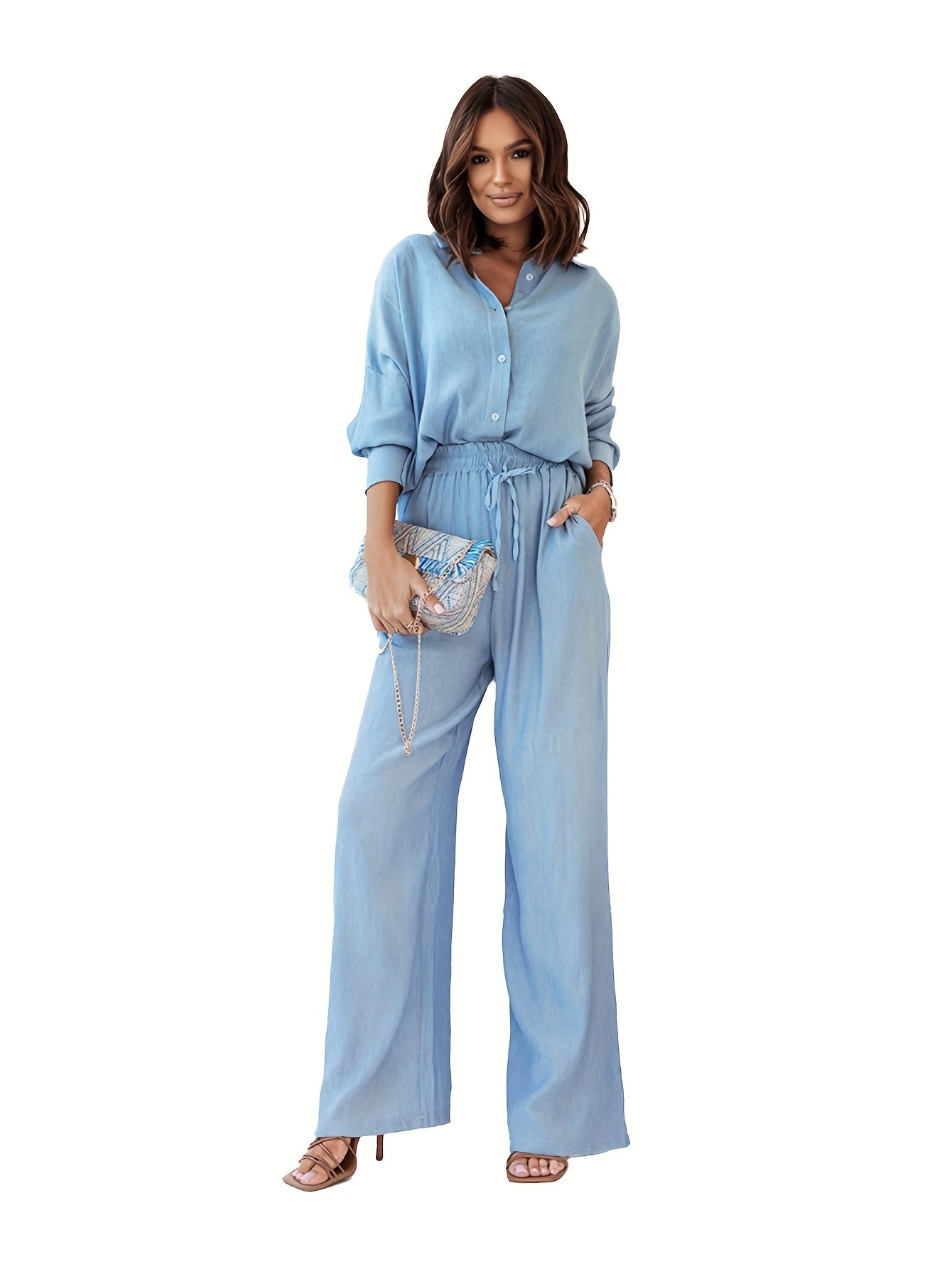 Two-Piece Chic Pantsuit Set - Women's Solid Casual Outfit with Button Front Turn Down Collar Shirt and High Waist Wide Leg Pants - Comfortable and Elegant Clothing for Everyday Wear