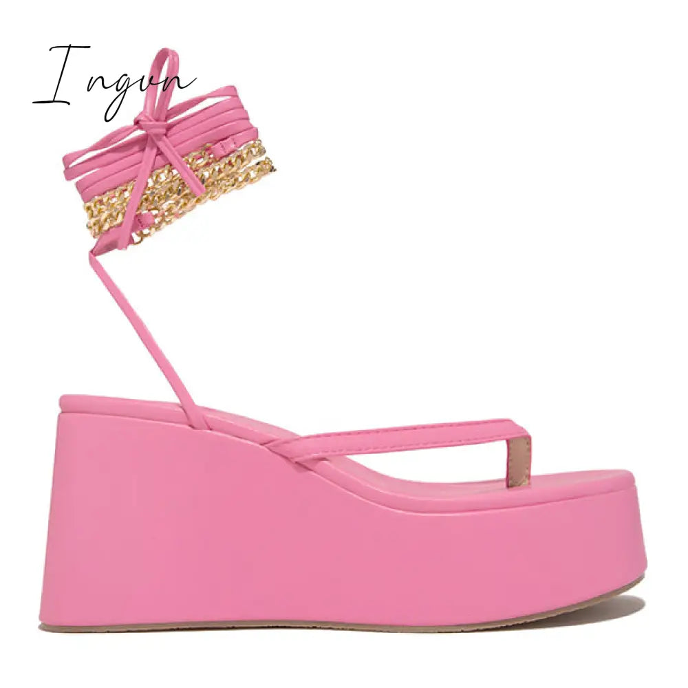 Ingvn - Ankle Chain Lace-Up Thong Entry Wedge Platform Sandals