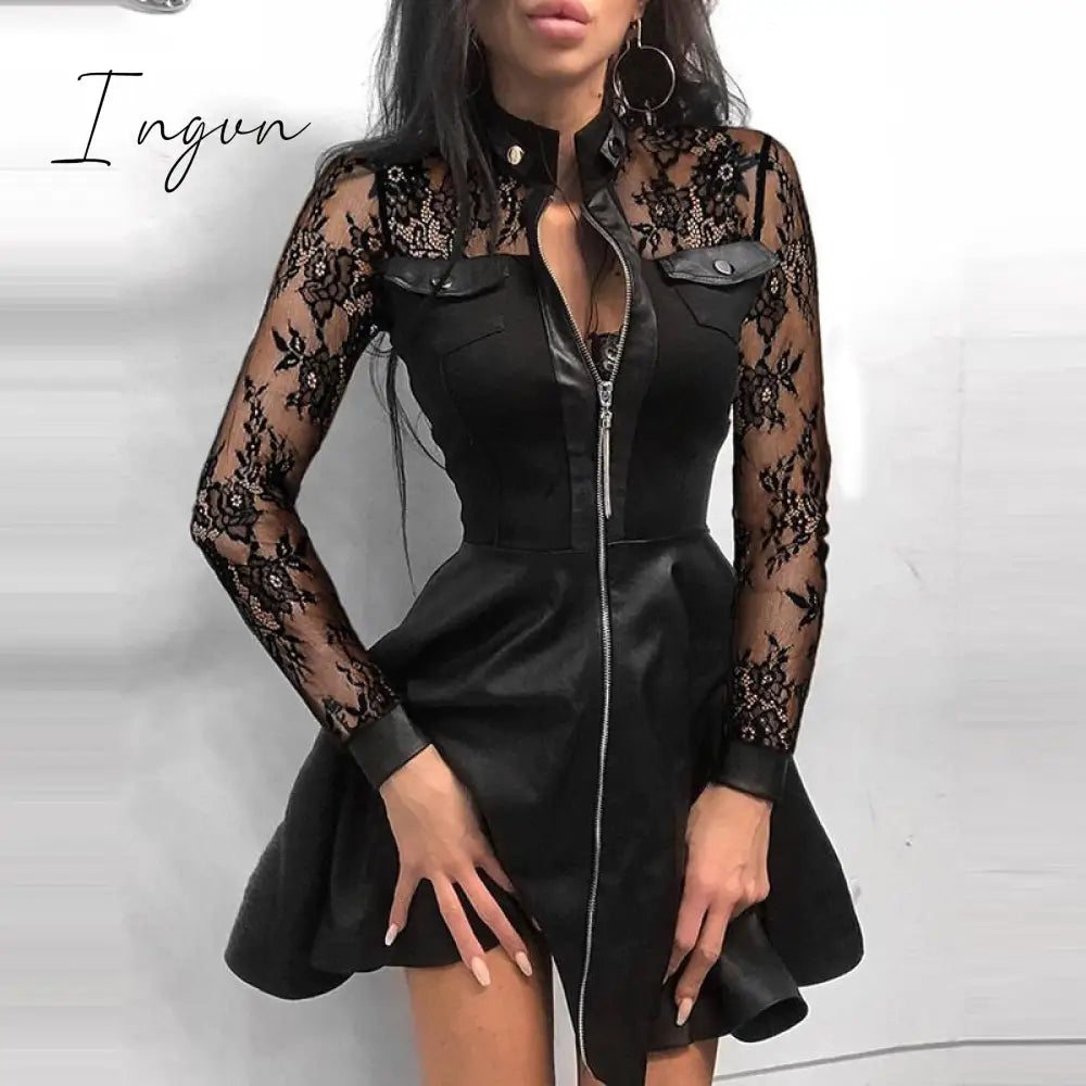 Ingvn - Sexy Stand Collar Print Zipper Long Sleeves Mini Dress Casual Autumn Winter Fashion Pocket Pu Leather Dress Elegant Slim Dresses