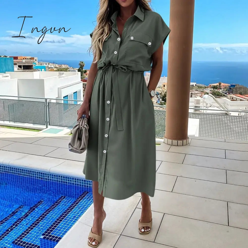 Ingvn - Summer Sundress Women Elegant Dress Plus Size Short Sleeve Casual Loose Buttons High Waist Work Midi Vestidos Robe
