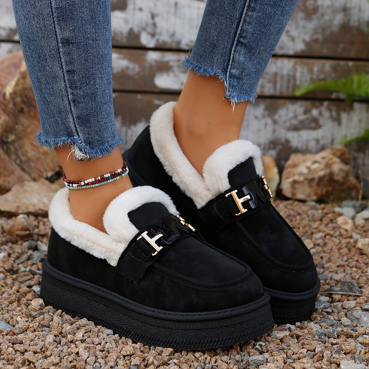 Cozy & Stylish Women's Winter Snow Boots - Plush Lined, Slip-On Loafers with Metal Buckle Detail, Warm Outdoor Footwear