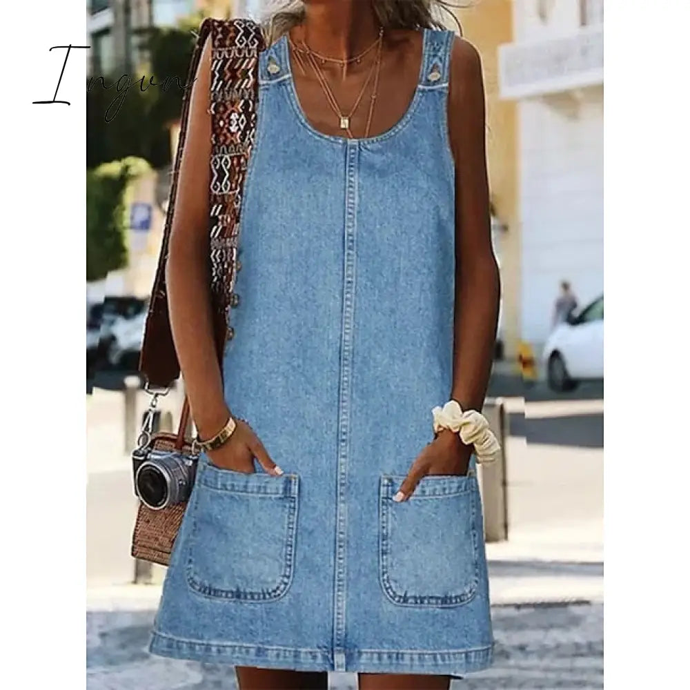 Ingvn - Women's Casual Dress Shift Dress Denim Overall Pinafore Dress Mini Dress Denim Fashion Modern Outdoor Daily Vacation U Neck Pocket Sleeveless Summer Spring 2023 Regular Fit Black Blue Gray Plain S M