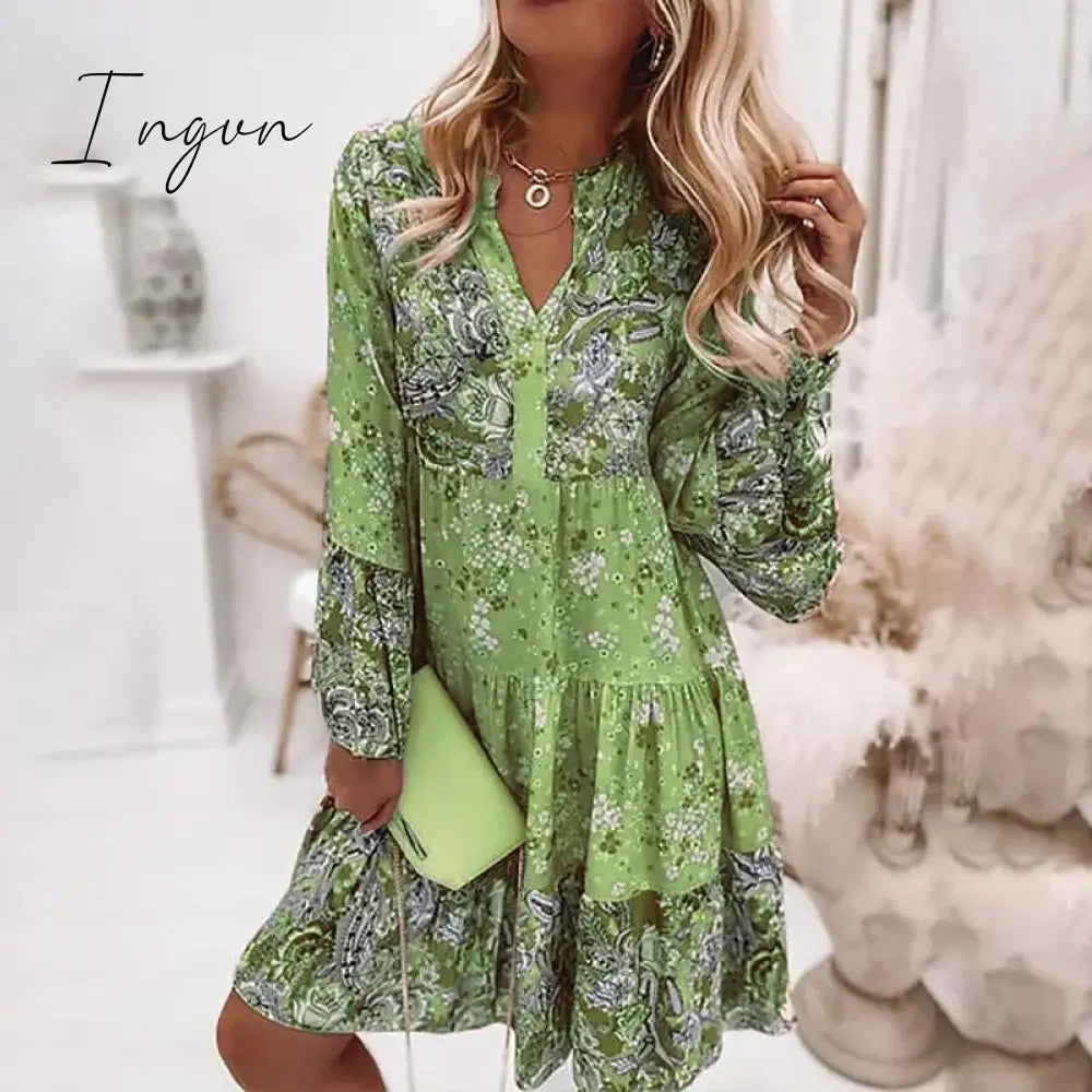 Ingvn - Spring summer v-neck floral short-sleeved dress