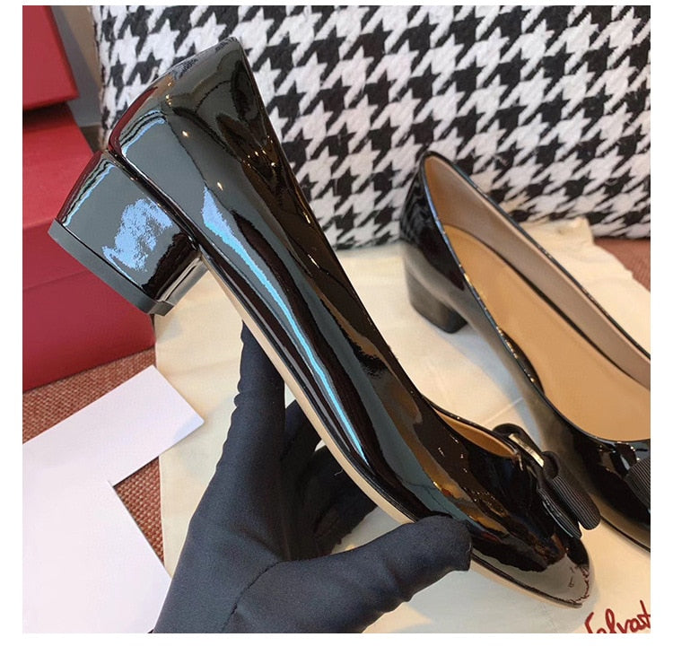 Patent Leather Bow In A Thick Single-heel Women's Shallow Flat-soled High-heeled Red Wedding Shoes Spring Shoes