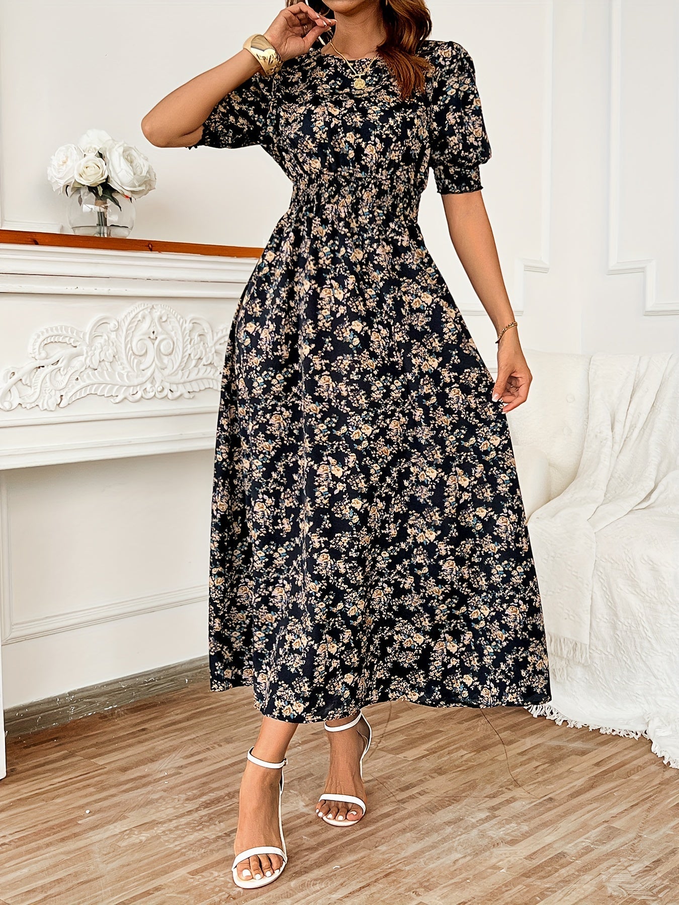 Blossoming floral print dress - Romantic Puff Sleeves & Shirred Bodice - Perfect for Spring/Summer - Flattering Crew Neck - Stylish Womens Casual Wear