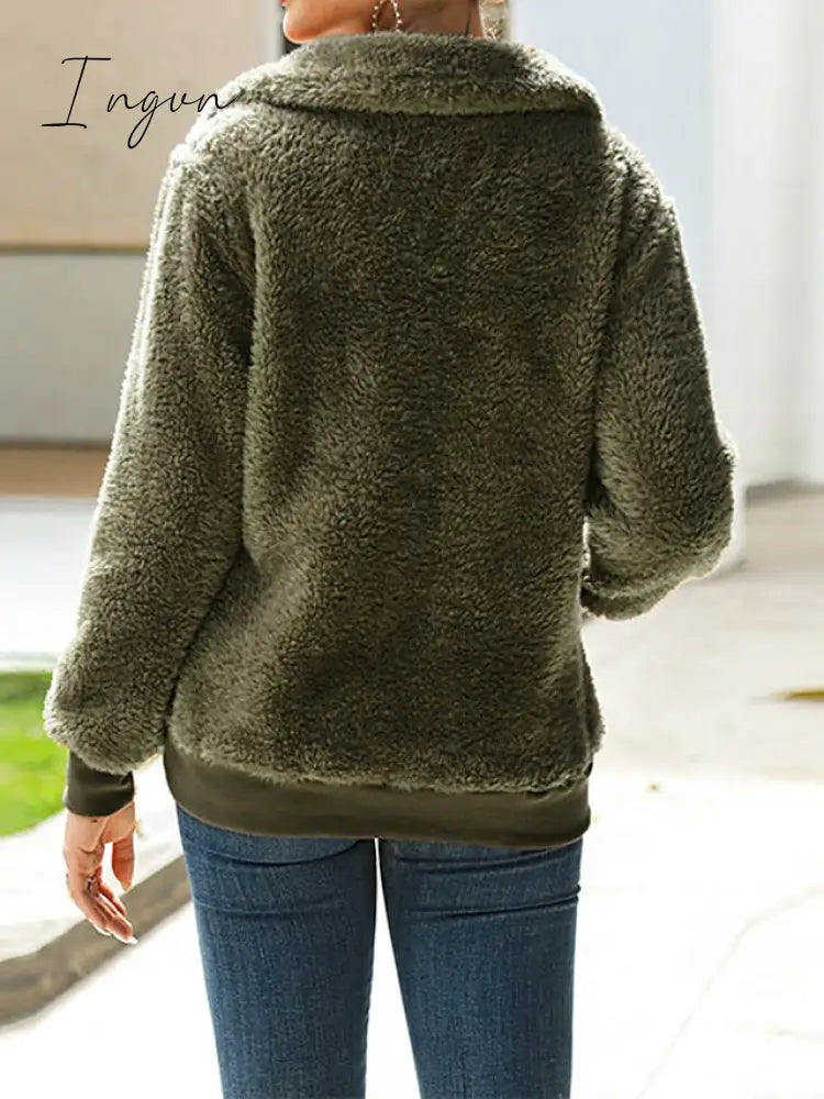 Ingvn - Women's Sweatshirt Pullover Fuzzy Teddy Pocket Quarter Zip Pink Green Khaki Solid Color Street V Neck Long Sleeve Fleece Top Micro-elastic Fall & Winter