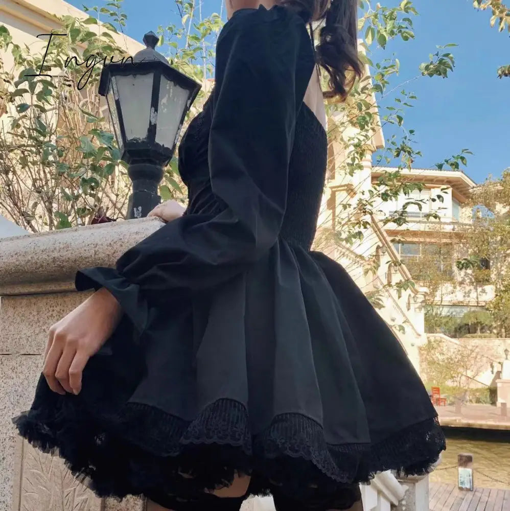 Ingvn - Womens New Trends White Lolita Dress Kawaii Vinatge Long Sleeve Mini Dresses Black Gothic Bandage Lace Patchwork Streetwear Square Collar