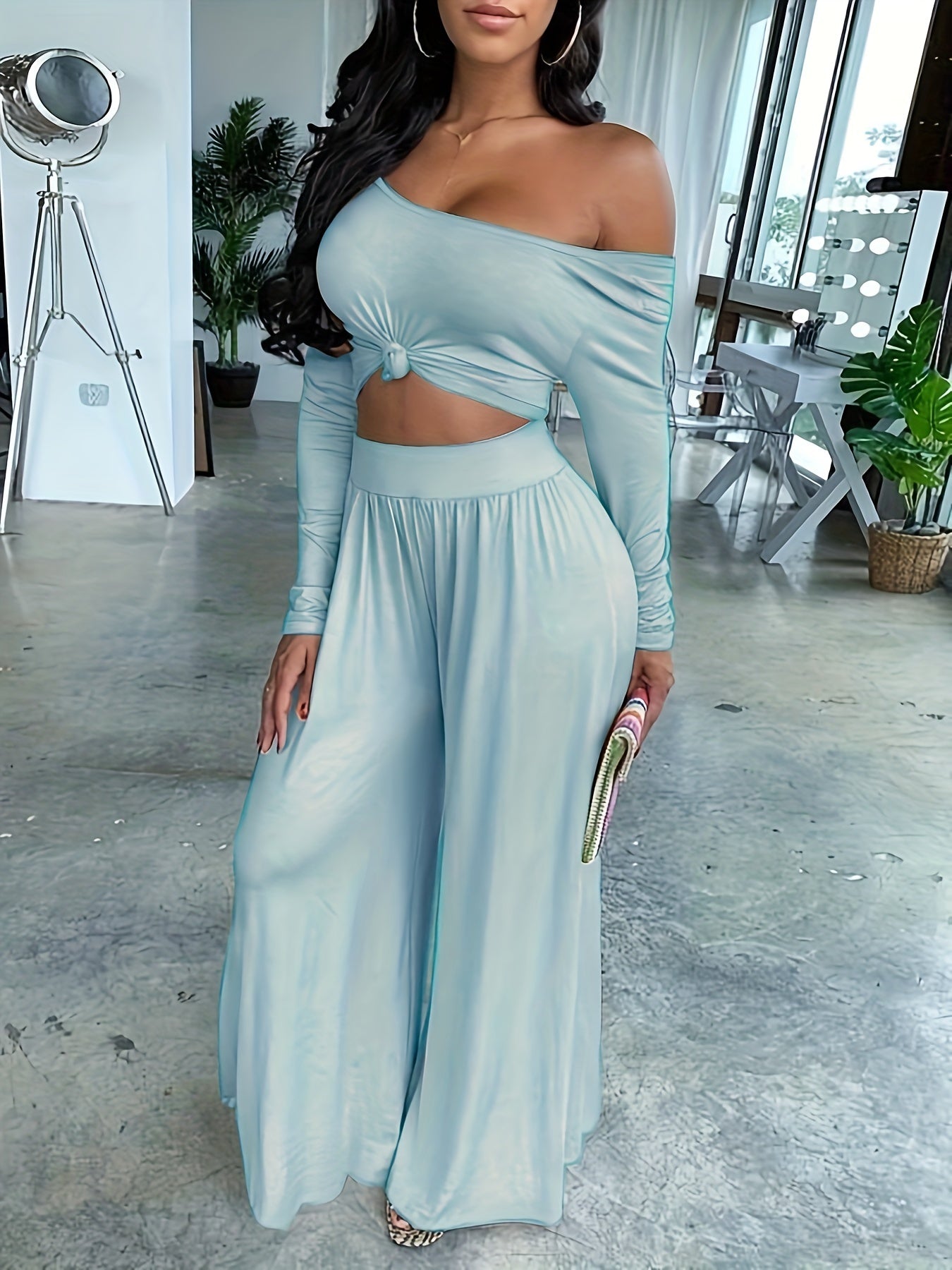 Long Sleeve Two-piece Set, Casual Solid Crop Top & Wide Leg Pants Outfits, Women's Clothing