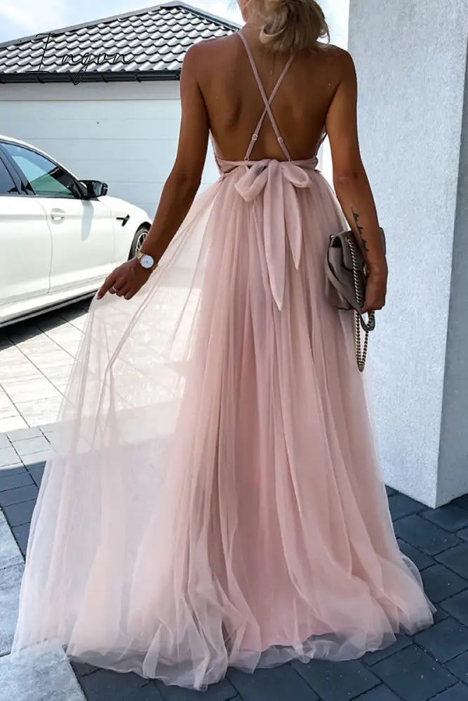 Ingvn- Sexy Solid Lace Mesh V Neck Evening Dress Dresses