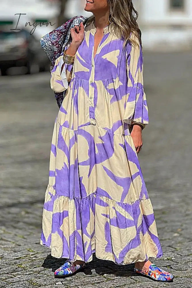 Ingvn - Casual Elegant Floral Buttons V Neck Printed Dress Dresses